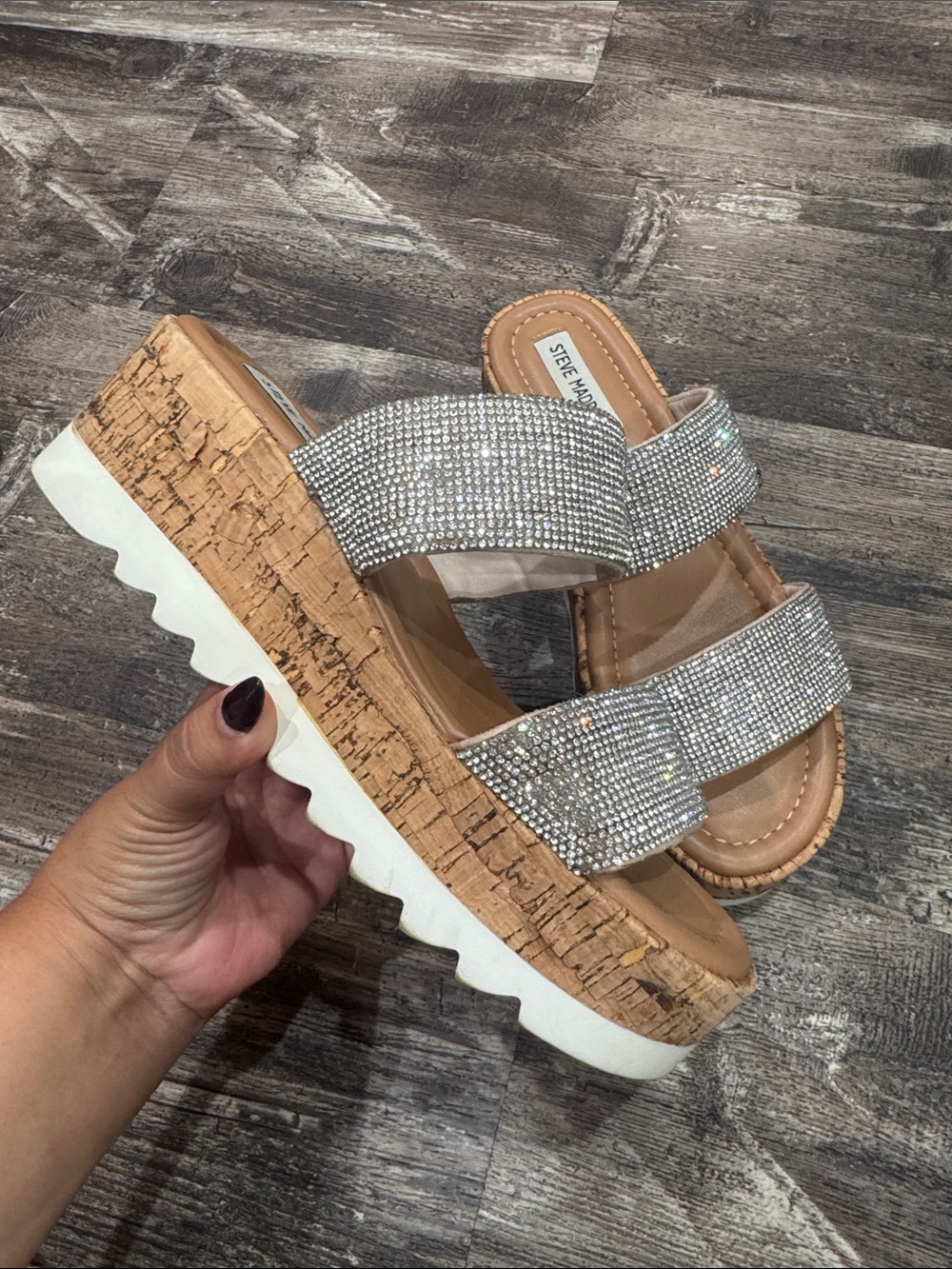 Steve Madden Silver Crystal Cork Platform Slide